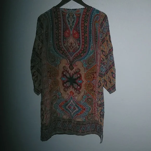 Tolani NOVA L Silk Boho Paisley Rich Colors Caftan Dress in Turquoise n Red - Picture 4 of 11